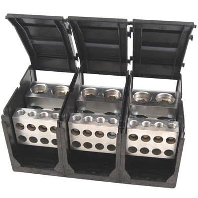 Power Distribution Block - 3 Pole - 950A 600V - (2) 750kcmil to 1/0 AWG / (8) 3/0 to 6 AWG - Thermoplastic - with Cover - UL Listed.