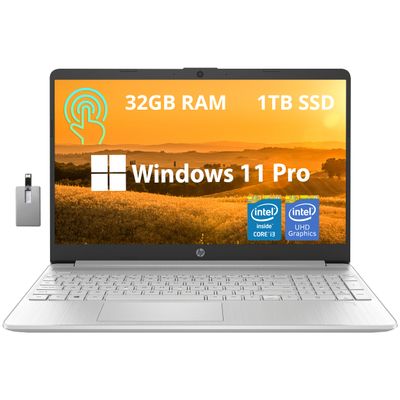 HP 15.6" HD Touchscreen Business Laptop, Intel i3-1215U, 32GB DDR4 RAM, 1TB PCIe SSD, Intel UHD Graphics, Numeric Keypad, 720p HD Camera, Windows 11 Pro, Silver, 32GB Hotface USB Card