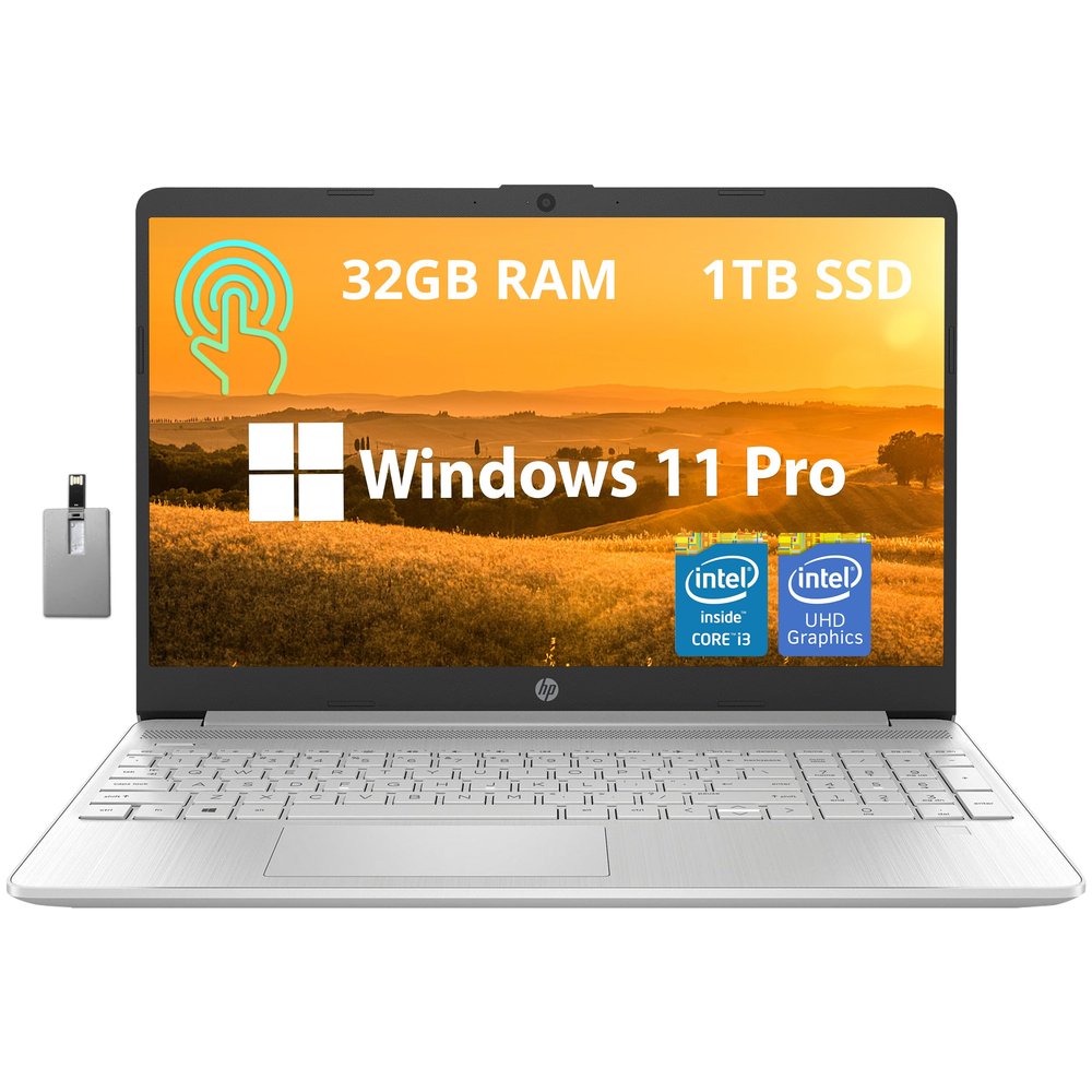 HP 15.6" HD Touchscreen Business Laptop, Intel i3-1215U, 32GB DDR4 RAM, 1TB PCIe SSD, Intel UHD Graphics, Numeric Keypad, 720p HD Camera, Windows 11 Pro, Silver, 32GB Hotface USB Card