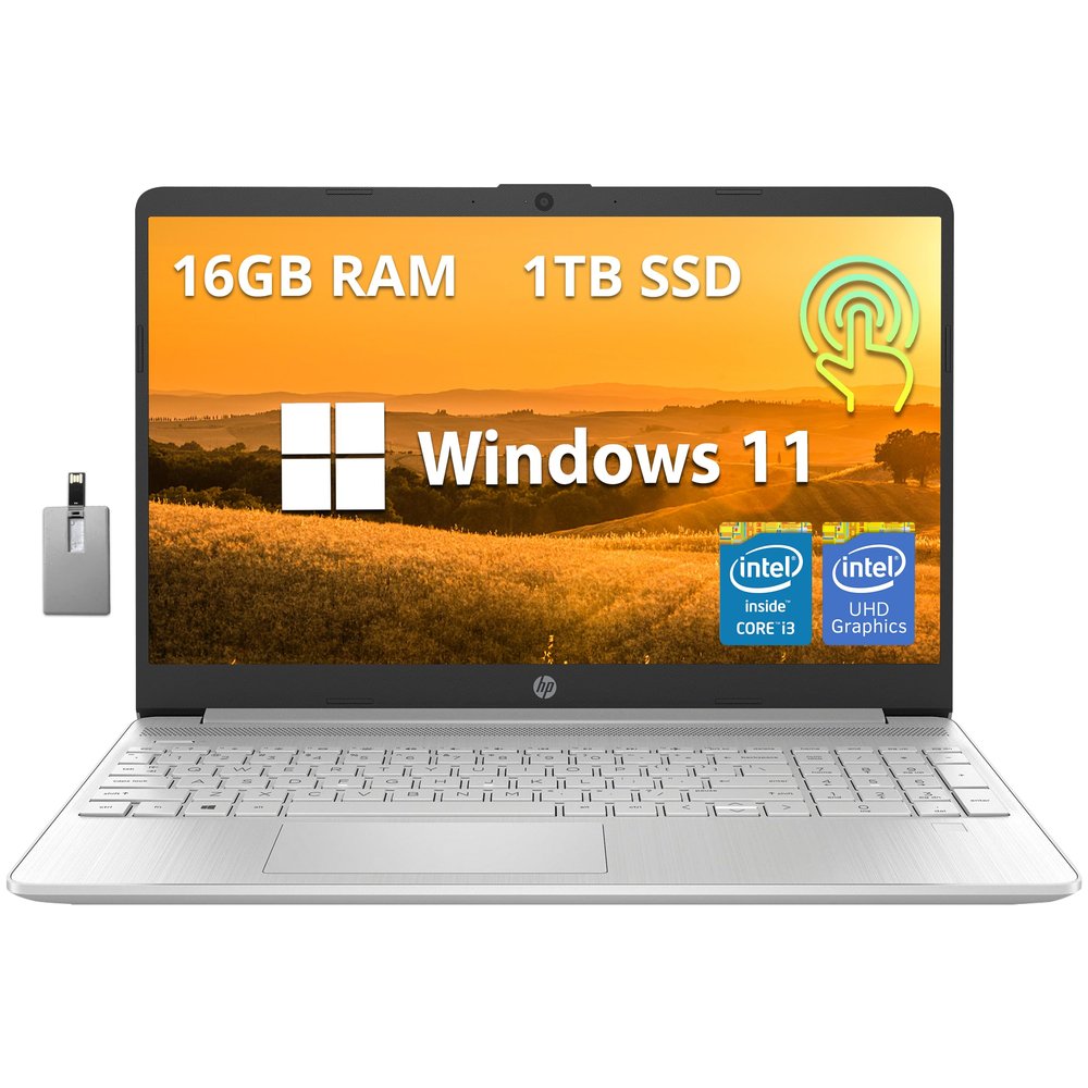 HP 15.6" HD Touchscreen Student Laptop, Intel i3-1215U, 16GB RAM, 1TB PCIe SSD, Intel UHD Graphics, Numeric Keypad, HD Webcam, Win 11, Natural Silver, 32GB Hotface USB Card