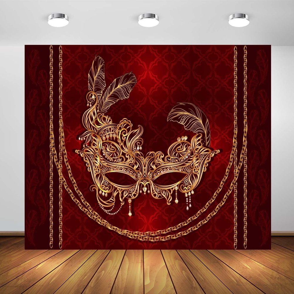 BELECO 8x6ft Fabric Mardi Gras Theme Photography Backdrop Luxury Gold Venetian Carnival Mask with Golden Chains on a Red Velvet Background Masquerade Birthday Party Decorations Photo Studio Props