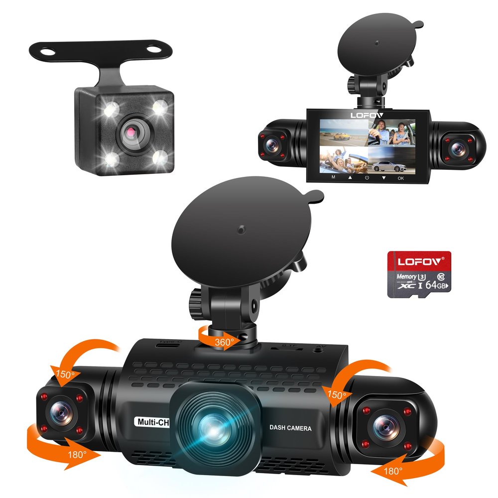 360 Dash Cam Front and Rear Inside,LOFOV 4 Channel Camera FHD 1080P,Front Left Right and Rear,Free 64GB SD Card,Multi-Ch Dash Camera for Cars,Black Box Trafflc Recorder,Night Vision,24H Parking Mode