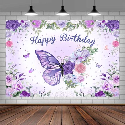 10 x 10 ft Butterfly Happy Birthday Backdrop Purple Butterfly Flower Leaves Floral Birthday Backdrops Party Backdrop Flowers Butterfly Birthday Decor Banner for Girls Birthday Photography Background