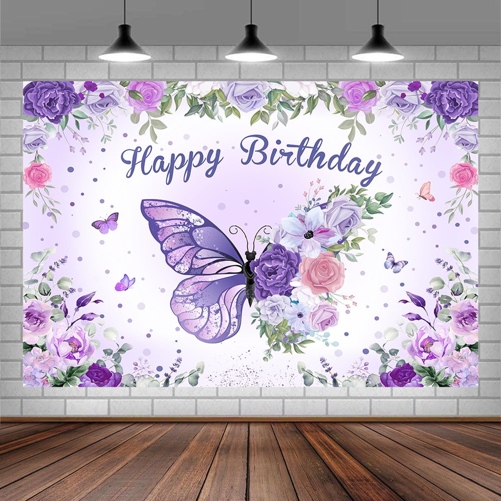 10 x 10 ft Butterfly Happy Birthday Backdrop Purple Butterfly Flower Leaves Floral Birthday Backdrops Party Backdrop Flowers Butterfly Birthday Decor Banner for Girls Birthday Photography Background