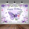 10 x 10 ft Butterfly Happy Birthday Backdrop Purple Butterfly Flower Leaves Floral Birthday Backdrops Party Backdrop Flowers Butterfly Birthday Decor Banner for Girls Birthday Photography Background view 1