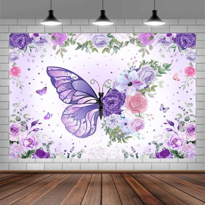 10 x 10 ft Purple Butterfly Birthday Backdrop for Girl's Flower Leaves Floral Pastel Butterflies Birthday Background Pink Princess Gold Rose Butterfly Cake Table Party Banner Photo Booth Studio