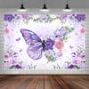 10 x 10 ft Purple Butterfly Birthday Backdrop for Girl's Flower Leaves Floral Pastel Butterflies Birthday Background Pink Princess Gold Rose Butterfly Cake Table Party Banner Photo Booth Studio view 1