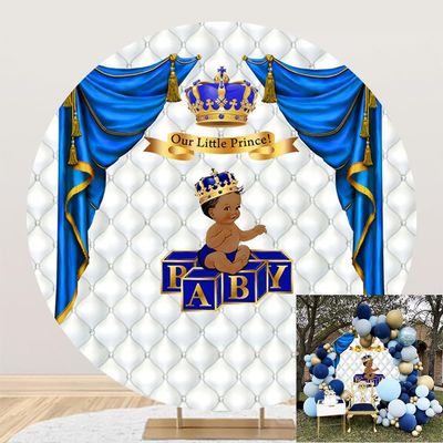 TTQYFNM 6x6ft Royal Prince Baby Shower Round Backdrop Cover Blue and Gold Curtain Crown Our Little Prince Baby Photography Background for Boys 1st Birthday Party Decor Banner Photo Studio Props