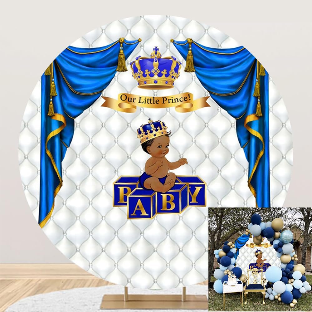 TTQYFNM 6x6ft Royal Prince Baby Shower Round Backdrop Cover Blue and Gold Curtain Crown Our Little Prince Baby Photography Background for Boys 1st Birthday Party Decor Banner Photo Studio Props