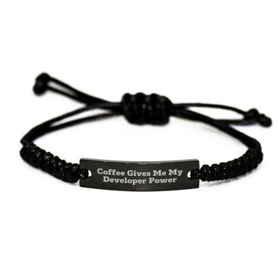 Developer's Christmas Power Gift Rope Bracelet, Coffee Fuels My Developer genius, Adjustable Black Rope, Stainless Steel Charm