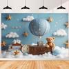 20x10ft Bear Baby Shower Backdrop Blue Hot Air Balloon Boys 1st Birthday Photography Background Luggage Adventure Newborn Party Banner Decoration Cake Table Photo Booth Props view 1