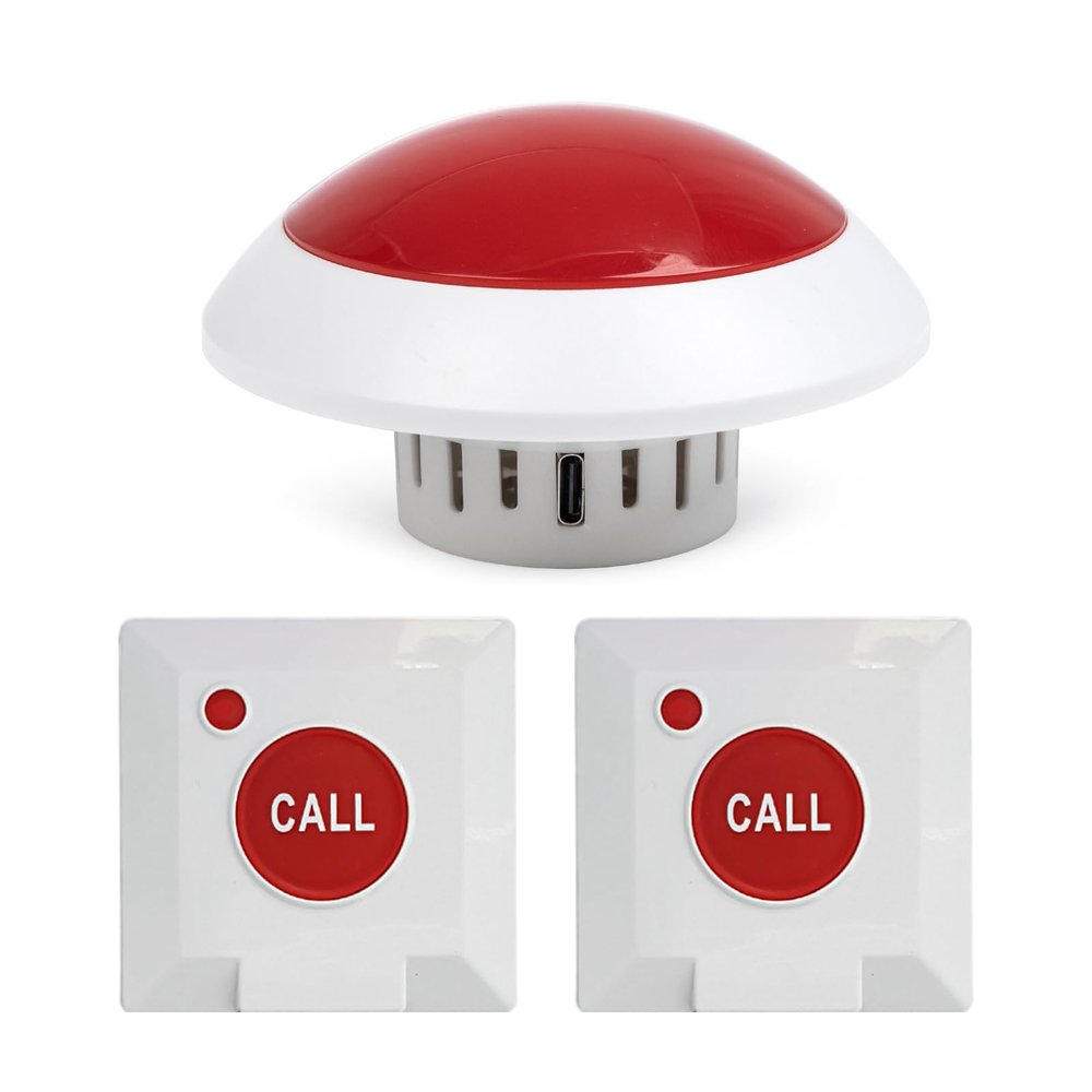 CYSSJF Wireless Caregiver Pager with Strobe Light & Loud Alert, 2 Waterproof Emergency Call Buttons for Seniors, Disabled & Hearing Impaired, Nurse Alert System for Home, Nursing Home, Hospital