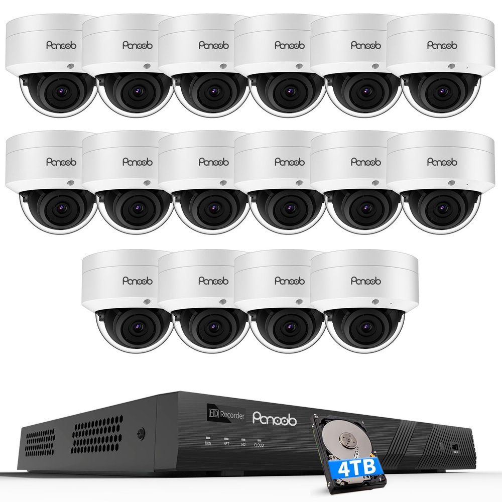 PANOOB PoE 4K 16 Channel Security Camera System, 16x 8MP IK10 Vandal Dome Cameras with Human/Vehicle Detection, Built-in Mic, 24/7 Remote Access, 4TB HDD NVR, PD54A1616-8M-1