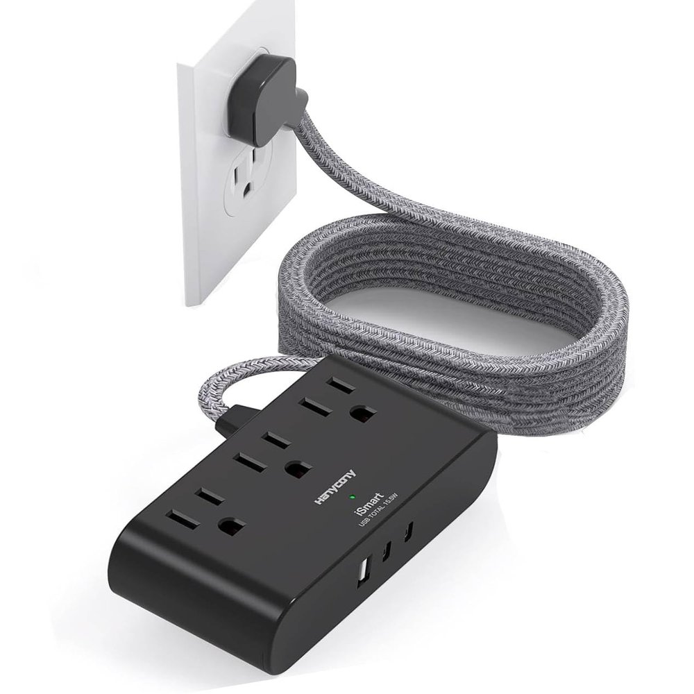 10 Ft Ultra Thin Flat Extension Cord, HANYCONY Black Flat Plug Power Strip with 3 Outlets 3 USB Ports(2 USB C), Desk Wall Outlet Extender, Non Surge Protector for Cruise, Dorm Room Essentials