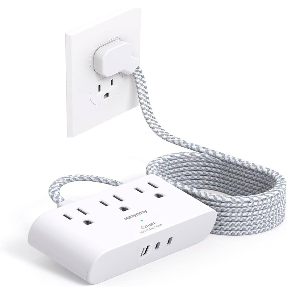 Extension Cord 15 Ft, HANYCONY Ultra Thin Flat Plug Power Strip with 3 Outlets 3 USB Ports (2 USB C), Wall Mount, Multi Plug Outlet Extender Desk Charging Station for Travel Dorm Room Essentials