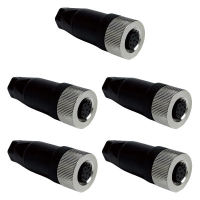 M12 8-Pin Waterproof Female Power Connector, PG7 Screw Crimp, 5-Pack