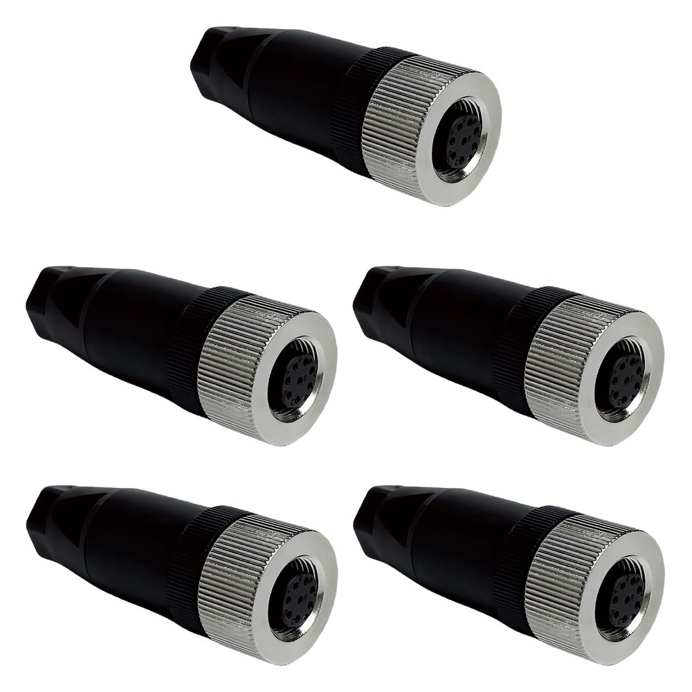 M12 8-Pin Waterproof Female Power Connector, PG7 Screw Crimp, 5-Pack
