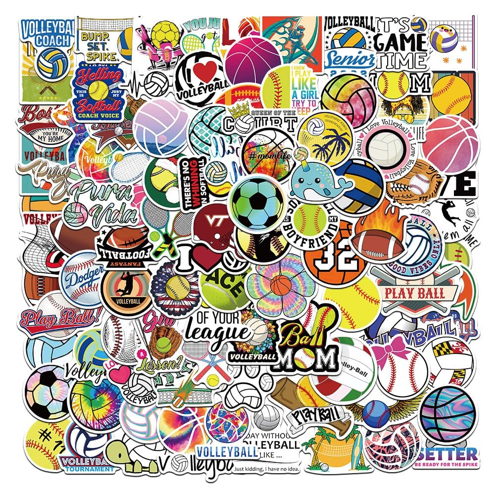 100Pcs Sports Stickers for Boys, Volleyball Basketball Baseball Soccer Decals for Water Bottles, Waterproof Vinyl Softball Stickers for Teens Boys Girls Classroom Prizes for Elementary Students