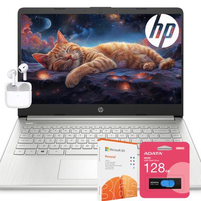 HP Ultralight 14 inch Laptop with 1-Year Microsoft 365 and Free Wireless Earbuds, 16GB RAM, 64GB Storage with 128GB External Drive, HD Display, Webcam, HDMI, WiFi, USB, White, Windows 11