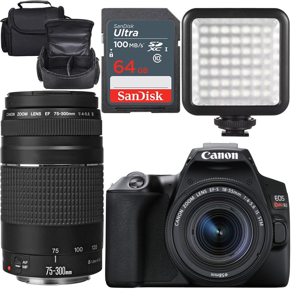 Canon EOS Rebel SL3 DSLR Camera w/Canon EF-S 18-55mm f/4-5.6 is STM and Canon RF-S 55-210mm f/5-7.1 is STM Lens + LED Video Light + Camera Case + 64GB Memory (16pc Bundle) (Renewed)