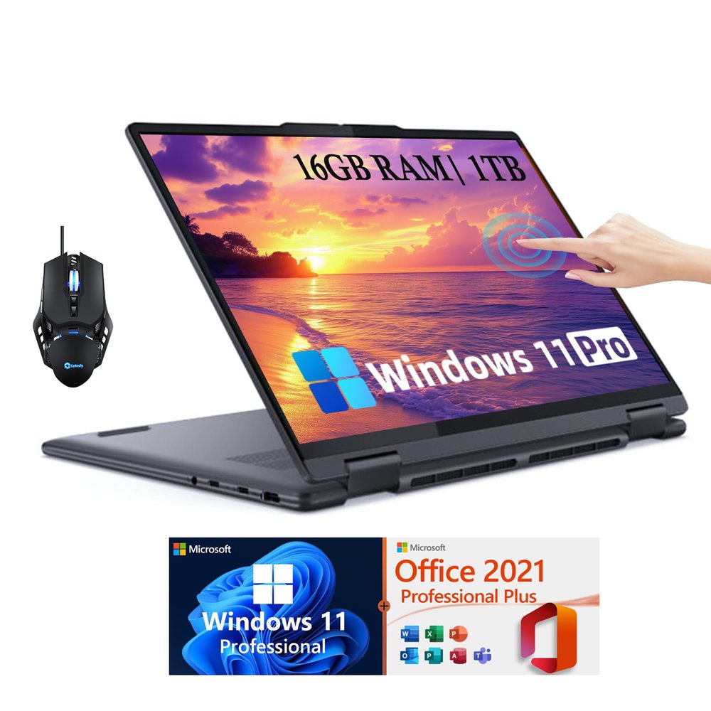 Lenovo Yoga 7 2-in-1 16" 2K Touchscreen Laptop - AMD Ryzen 7 8840HS(8-core), Windows 11 Pro&Microsoft Office Fingerprint, Backlit Keyboard (16GB LPDDR5X RAM | 1TB SSD)