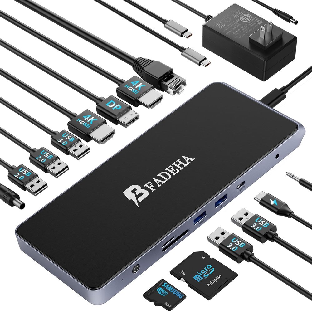 BFADEHA USB C Universal Docking Station for 3 Monitors, Power Adapter Attached - 14 in 1 Hub with HDMI*2, DisplayPort 4K60Hz, 10Gbps USB C/A, 1Gbps Ethernet, SD/TF, Audio&Mic, for MacBook/Dell/HP.etc