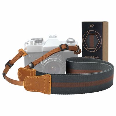 Padwa Lifestyle Green Brown Stripes Camera Strap - Double Layer Crazy Horse Cowhide End,1.5" Wide Pure Cotton Camera Straps,Adjustable Neck Shoulder Strap for All DSLR Cameras,Gift for Photographers