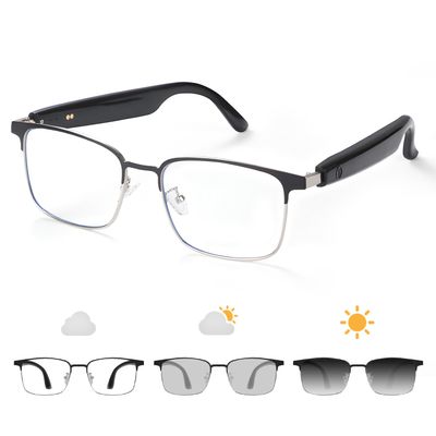 Bluetooth Audio Smart Glasses, Blue Light Glasses for Women Men, Remote Shooting, Open Ear Sound Mic & Speakers, Magnetic Charging, Color-Changing Polarized Sunglasses Lenses, Voice AssistantGS06S)