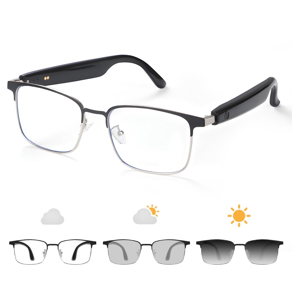 Bluetooth Audio Smart Glasses, Blue Light Glasses for Women Men, Remote Shooting, Open Ear Sound Mic & Speakers, Magnetic Charging, Color-Changing Polarized Sunglasses Lenses, Voice AssistantGS06S)