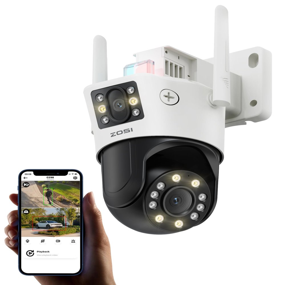 ZOSI C298 Max 4K 8MP Dual-Lens(2x4MP) Wired WiFi PTZ Plug-in Security Camera Outdoor, Wide Angle, 2.4GHz 360 Camera, 8X Hybrid Zoom, Person/Vehicle Detect, Color Night Vision, Spotlight Siren