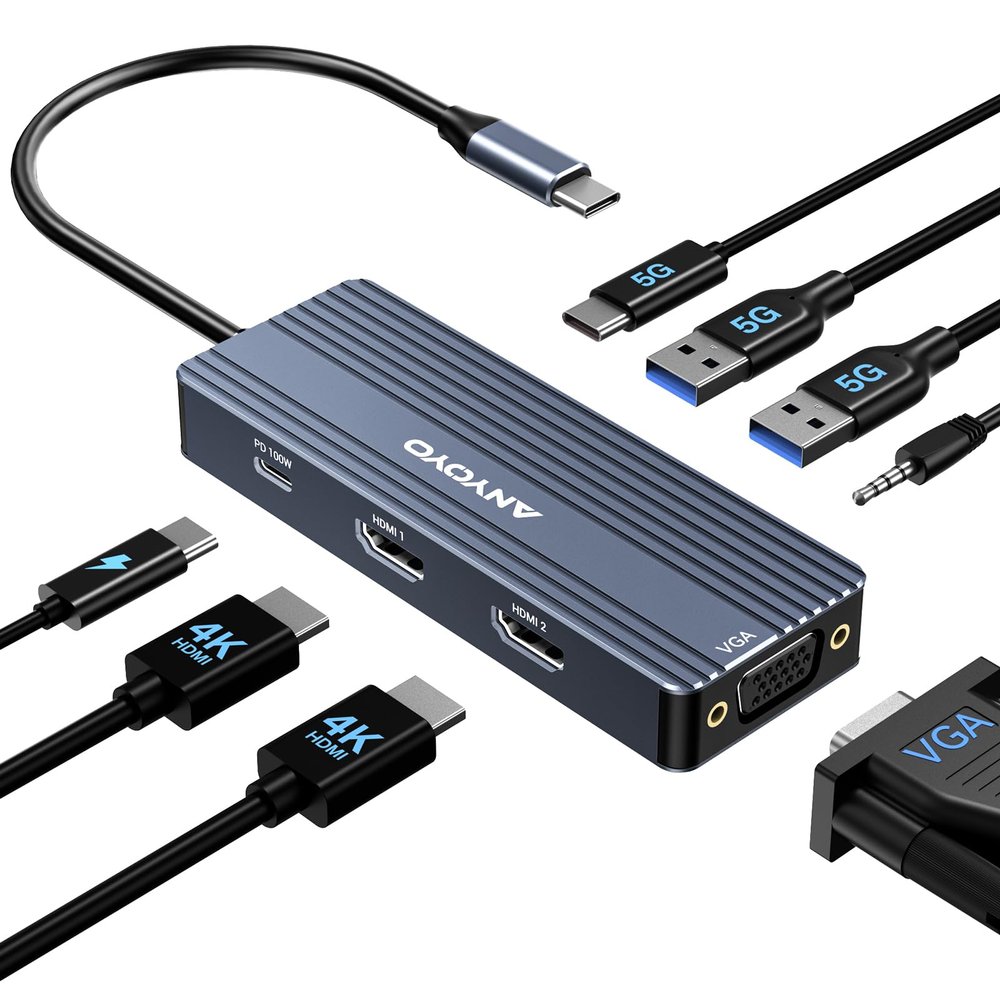 ANYOYO USB C Docking Station Dual HDMI Monitor Adapter 8-in-1 USB C HUB 3 Monitors Adapter with 4K HDMI +VGA +PD100W+Audio Laptop Docking Station for Dell/Lenovo/HP/Samsung/ASUS (Gary)