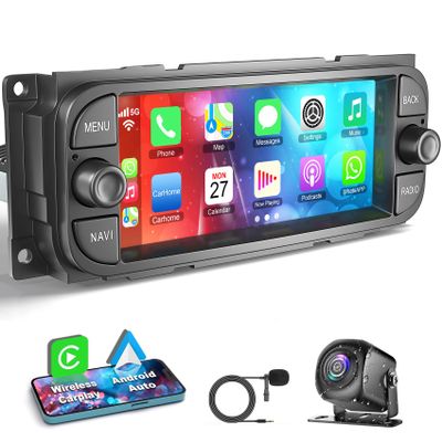 [4G+64G] Car Radio for Dodge RAM 2002 2003 2004 2005 2006, for Jeep Wrangler 2003 2004 2005 2006,Jeep Grand Cherokee 1999-2004, Support Wireless Carplay&Android Auto, 6.8 inch IPS Touchscreen