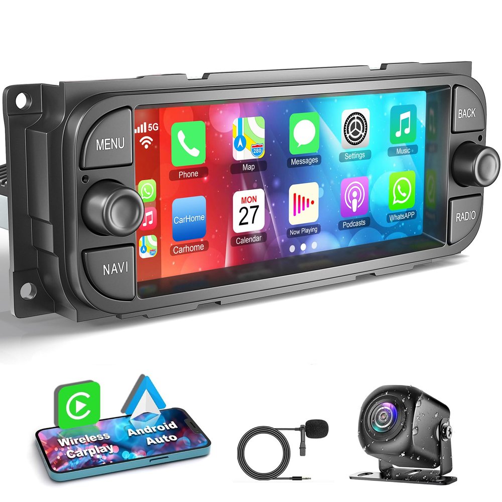 [4G+64G] Car Radio for Dodge RAM 2002 2003 2004 2005 2006, for Jeep Wrangler 2003 2004 2005 2006,Jeep Grand Cherokee 1999-2004, Support Wireless Carplay&Android Auto, 6.8 inch IPS Touchscreen