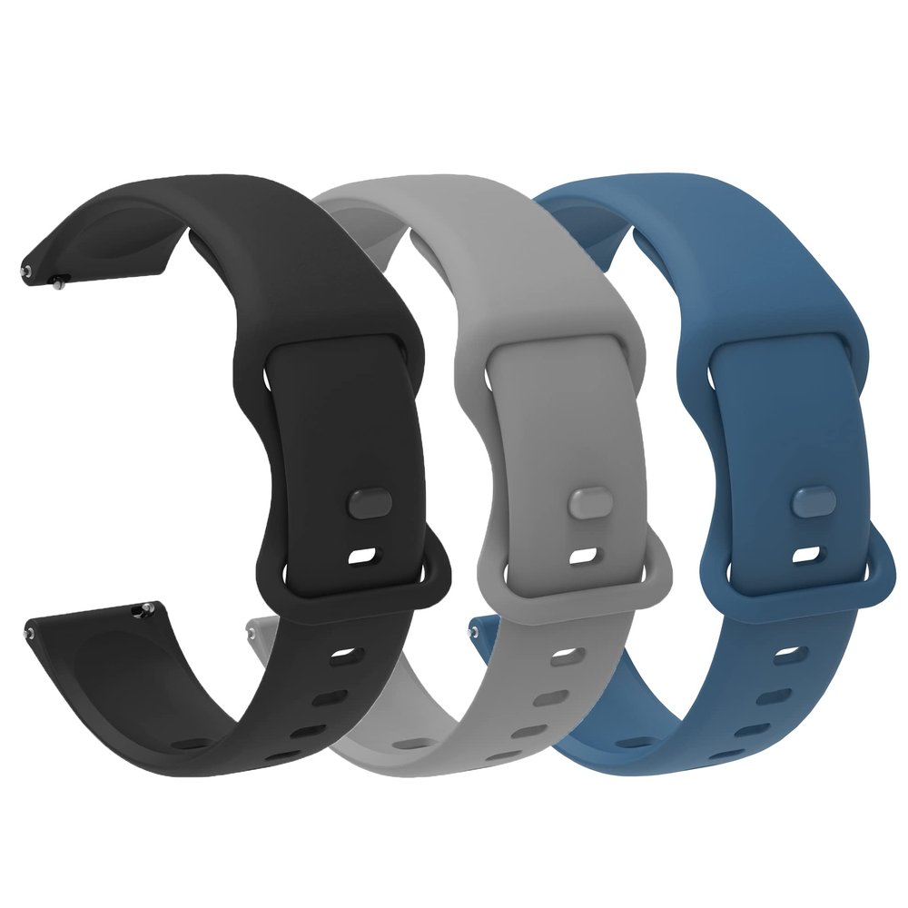 Lamshaw Compatible with Blackview Smart Watch bands, 20mm, 22mm New Soft Silicone Sport Replacement Straps Compatible with IOWODO W60, R30 Pro, R50, Compatible with Blackview W60, R30 Pro, R50 Smart Watch (3 Pack-Gray+Blue+Black, 22mm size band)