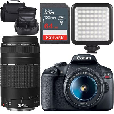 Canon EOS Rebel T7 DSLR Camera w/Canon EF-S 18-55mm f/3.5-5.6 is II and Canon EF 75-300mm f/4-5.6 III Lens + LED Video Light + Camera Case + 64GB Memory (16pc Bundle) (Renewed)