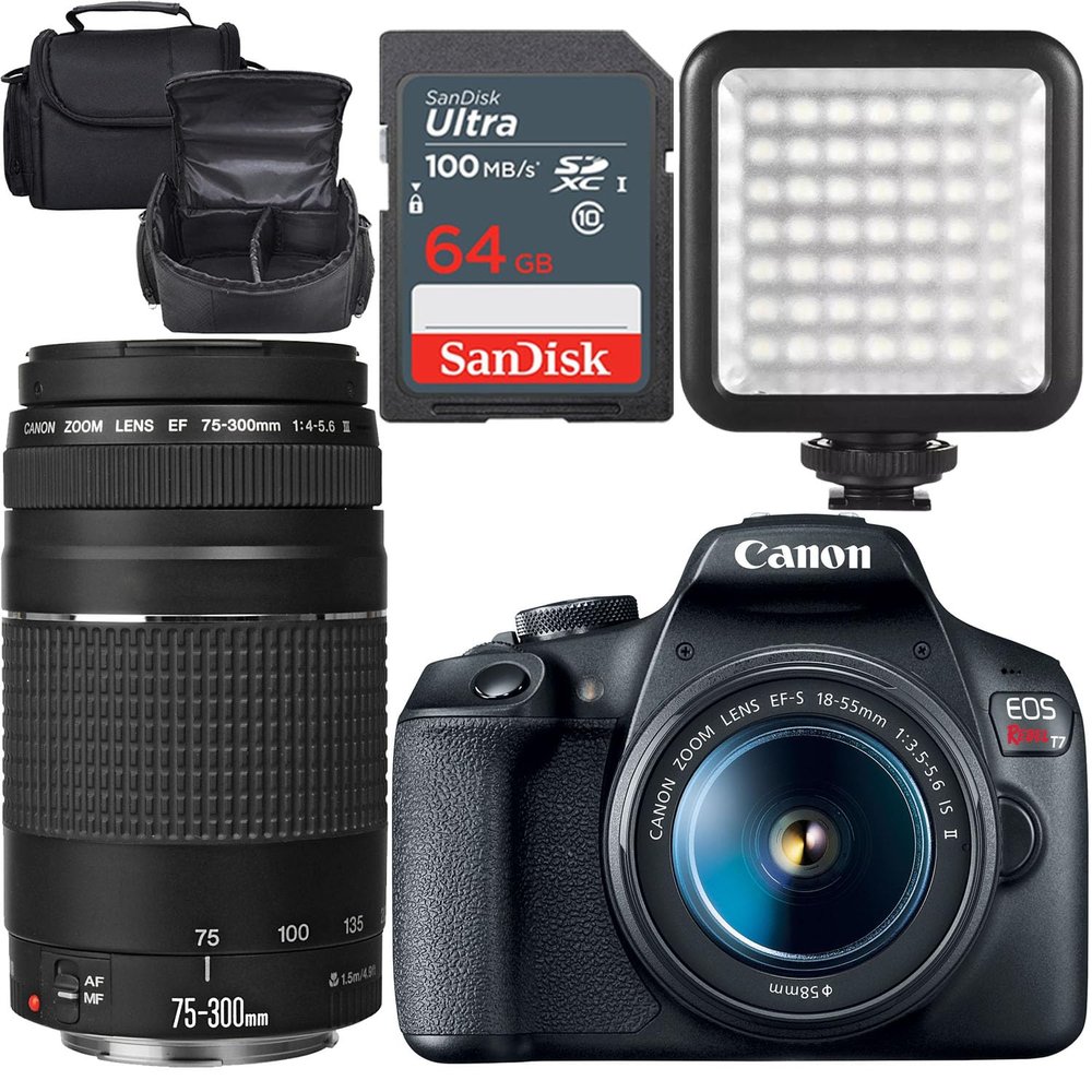 Canon EOS Rebel T7 DSLR Camera w/Canon EF-S 18-55mm f/3.5-5.6 is II and Canon EF 75-300mm f/4-5.6 III Lens + LED Video Light + Camera Case + 64GB Memory (16pc Bundle) (Renewed)