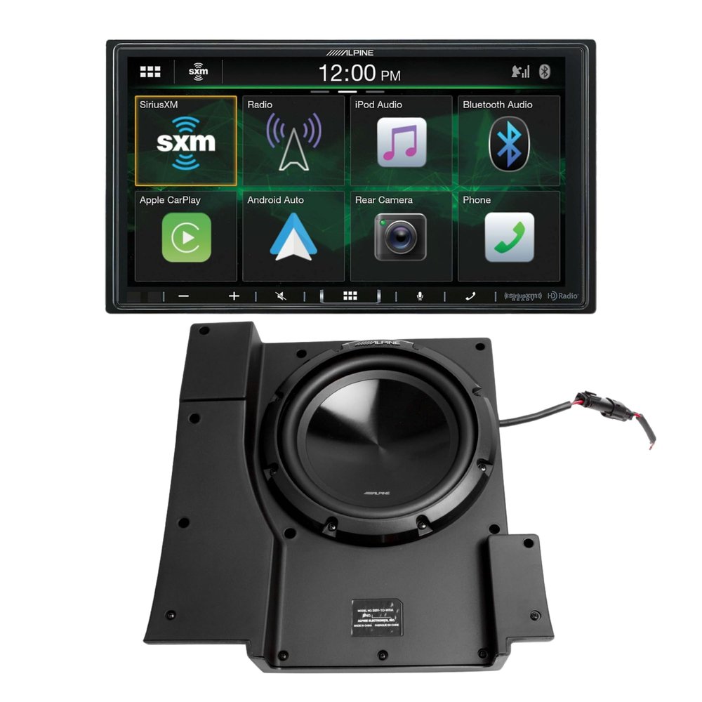 Alpine i407-WRA-JK 7" Apple CarPlay/Android Auto Car Stereo + Alpine SBV-10-WRA 300W RMS 10" Underseat Subwoofer Bundle for 2007-2018 Jeep Vehicles
