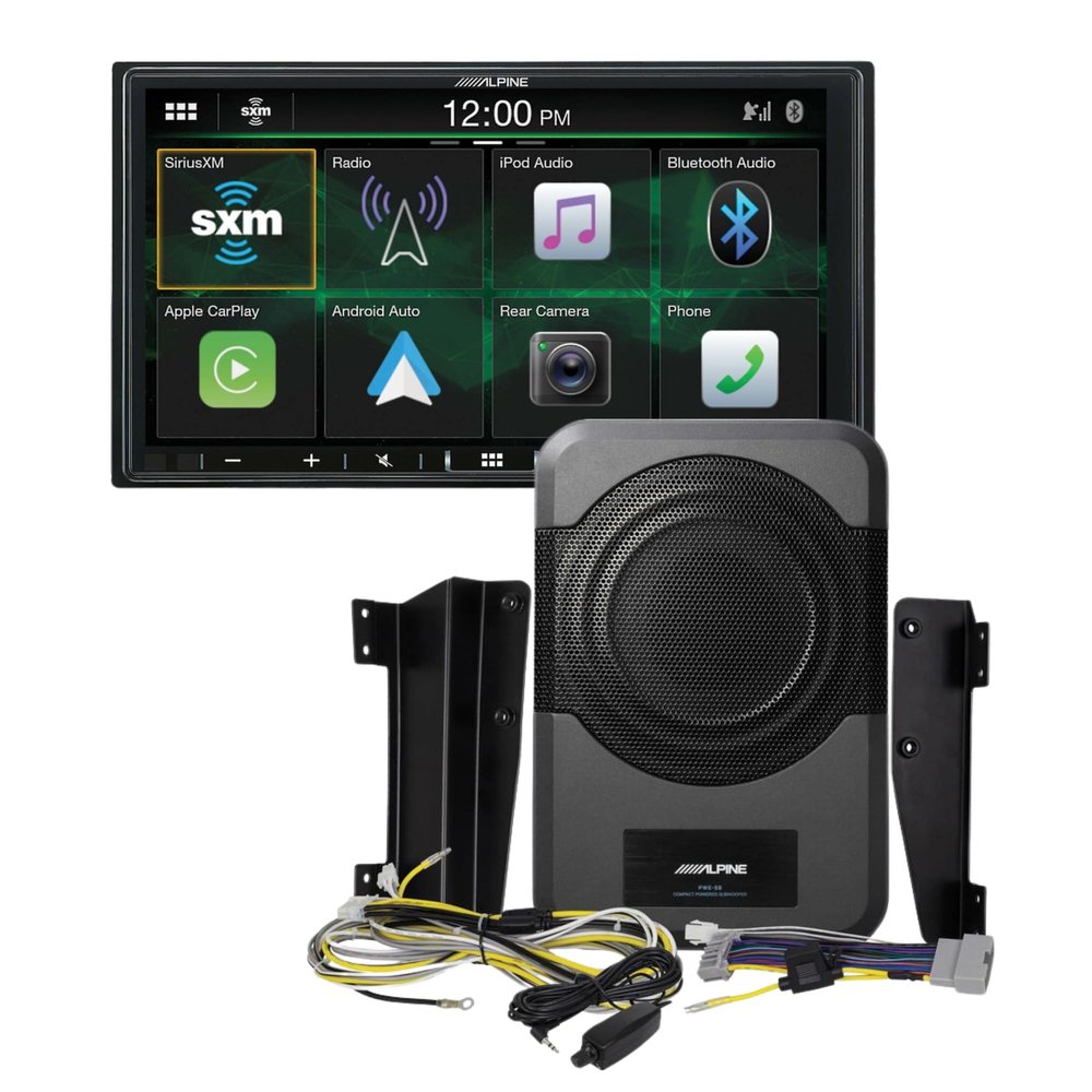 Alpine i407-WRA-JK 7" Apple CarPlay/Android Auto Car Stereo & Alpine PWE-S8-WRA Under-Seat Amplified Subwoofer Bundle for 2007-2023 Jeep Wrangler - Premium Sound Upgrade Kit