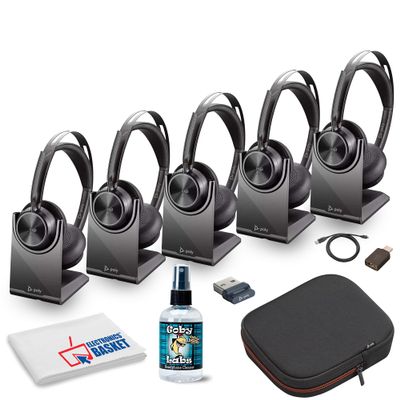 Poly 5X Voyager Focus 2 UC Stereo Bluetooth Headset (Microsoft Teams Certified) (77Y87AA) with Travel Pouch Bundle Including: Goby Labs Headphone Cleaner, Fiber Cloth