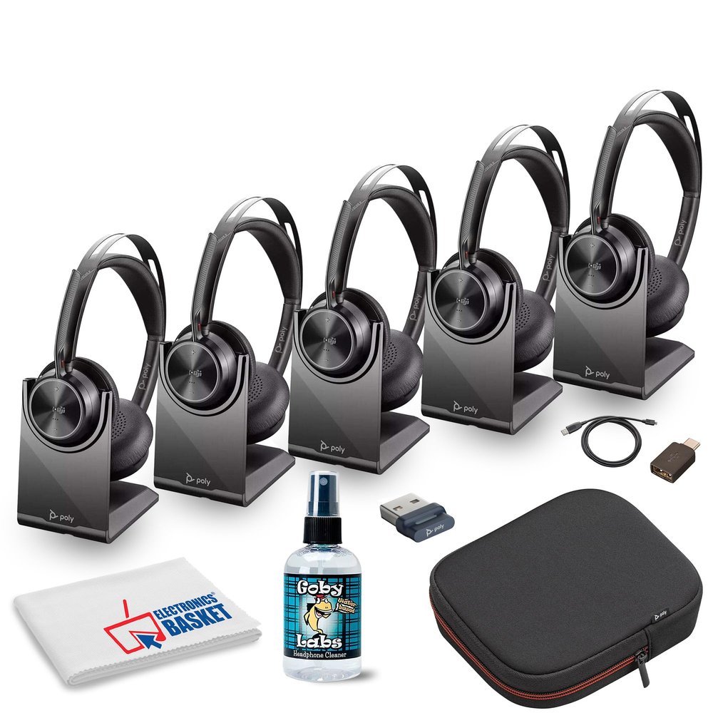 Poly 5X Voyager Focus 2 UC Stereo Bluetooth Headset (Microsoft Teams Certified) (77Y87AA) with Travel Pouch Bundle Including: Goby Labs Headphone Cleaner, Fiber Cloth