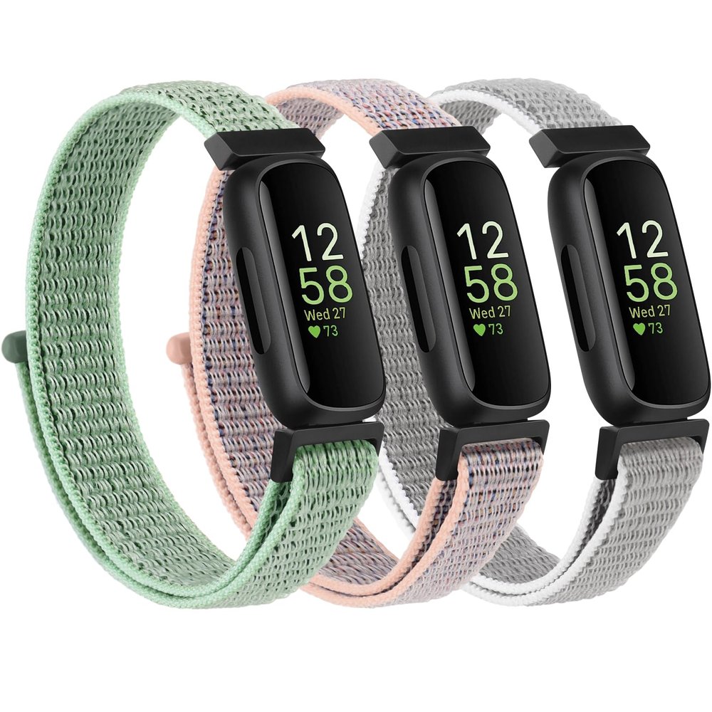 3 Pack Nylon Band Compatible with Fitbit Inspire 3 Bands Women Men, Soft Loop Straps Replacement Wristband for Fitbit Inspire 3 Smartwatch (PinkSand/Seashell/Green)