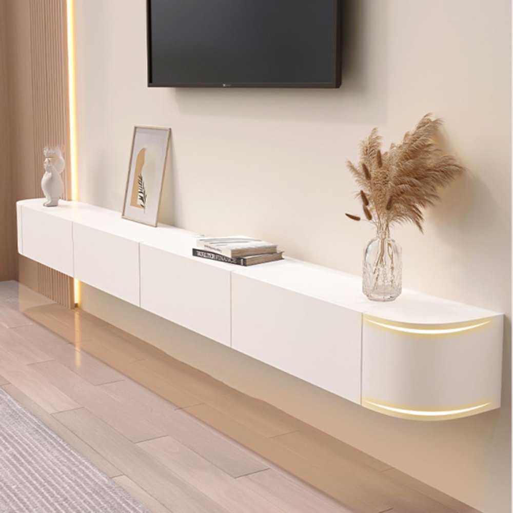 Bubinblau Floating TV Stand, Wall-Mounted TV Cabinet, Floating Shelves with Drawers and Door, Media Console Shelves, for Living Room Storage,White,140cm