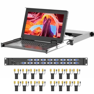 Arvitek 1U KVM Switch Console - 15.6" 1080P VGA 16 Port w/Cables | Keyboard, Touchpad | Fits 600mm-800mm (23.6"-31.5") Rack Depths