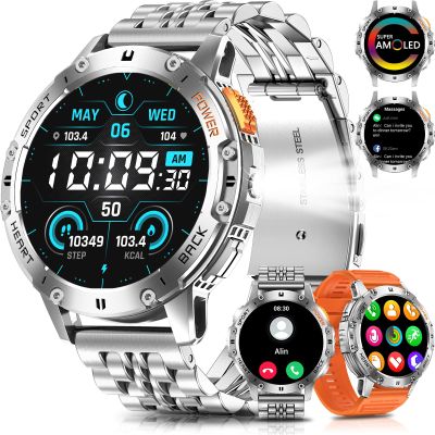 PODOEIL Military Smart Watches for Men with Bluetooth Call, 1.43" AMOLED Waterproof Smartwatch with Flashlight, 111 Sport Modes, 530mAh Heart Rate/SpO2/Sleep Monitor Fitness Tracker for Android iOS