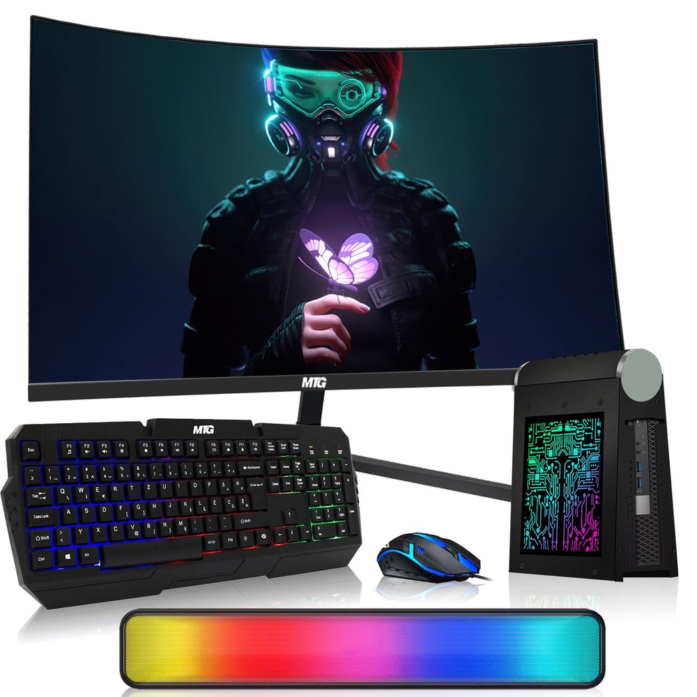 TechMagnet CyberCube Mini PC Bundle  Intel Core i7 6th Gen, 16GB RAM, 1TB SSD, 32 Inch Curved Monitor, RGB Keyboard with Copilot, RGB Mouse, Soundbar, WiFi+Bluetooth, Windows 11 (Renewed)