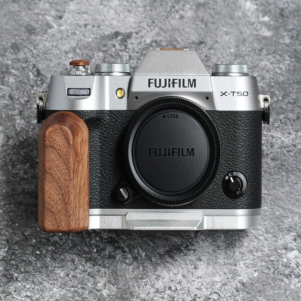Handmade Wooden Handle Grip & Alloy Base L Plate for Fuji Film XT50 X-T50 Camera (Walnut + Sliver Alloy Base)