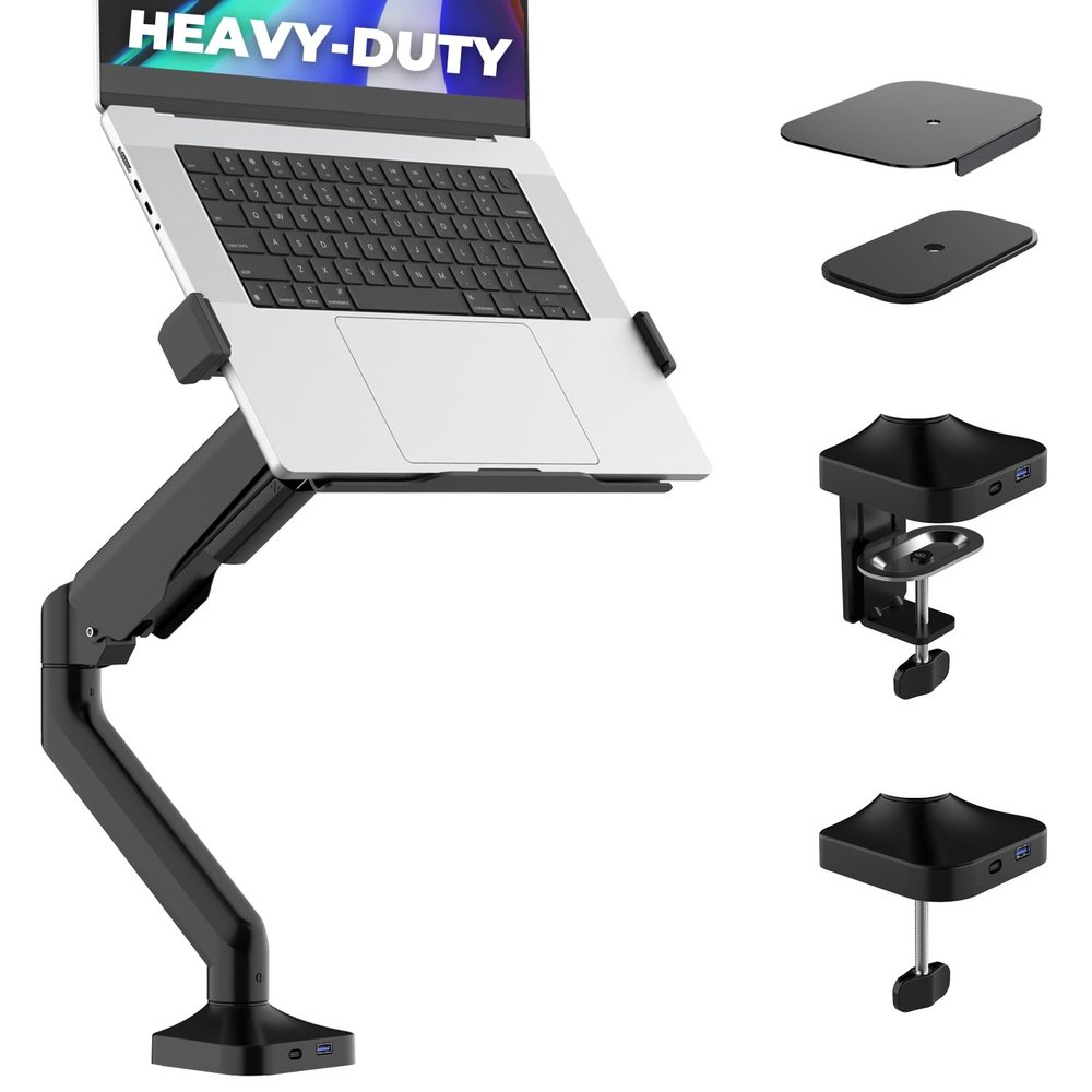 DESKELLO Elevate Pro - Heavy-Duty Standing Laptop Mount for Desk (11"-17.3" - max. 26lbs) Fully Adjustable Gas Spring Arm Stand - Clamp & Grommet Base - Steel Plates for Desk Protection & Stability
