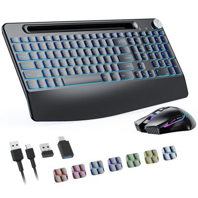 2.4G Wireless Keyboard with Mouse, Backlit Wireless Keyboard Mouse Combo,Rechargeable,with 7 Colored Backlits &Phone Holder &Wrist Rest &jiggler Mouse.Lighted up Full Size for Mac Windows Laptop PC