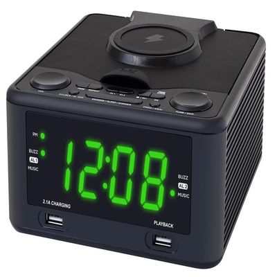 HANNLOMAX HX-208Wi CD/MP3 Player with Alarm Clock Radio, Wireless Charger, PLL FM Radio, USB Ports for Charging and MP3 Playback, 1.2" Green LED Display, Dual Alarm, AC Operation only.