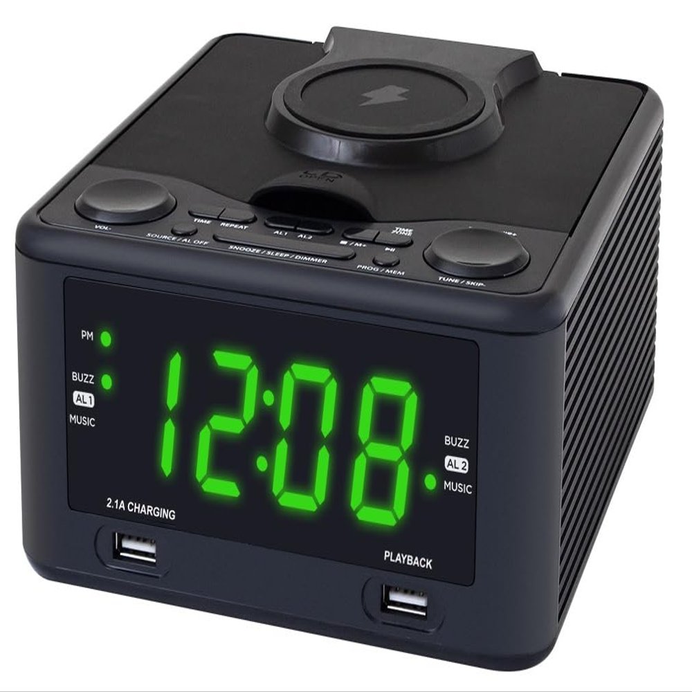 HANNLOMAX HX-208Wi CD/MP3 Player with Alarm Clock Radio, Wireless Charger, PLL FM Radio, USB Ports for Charging and MP3 Playback, 1.2" Green LED Display, Dual Alarm, AC Operation only.